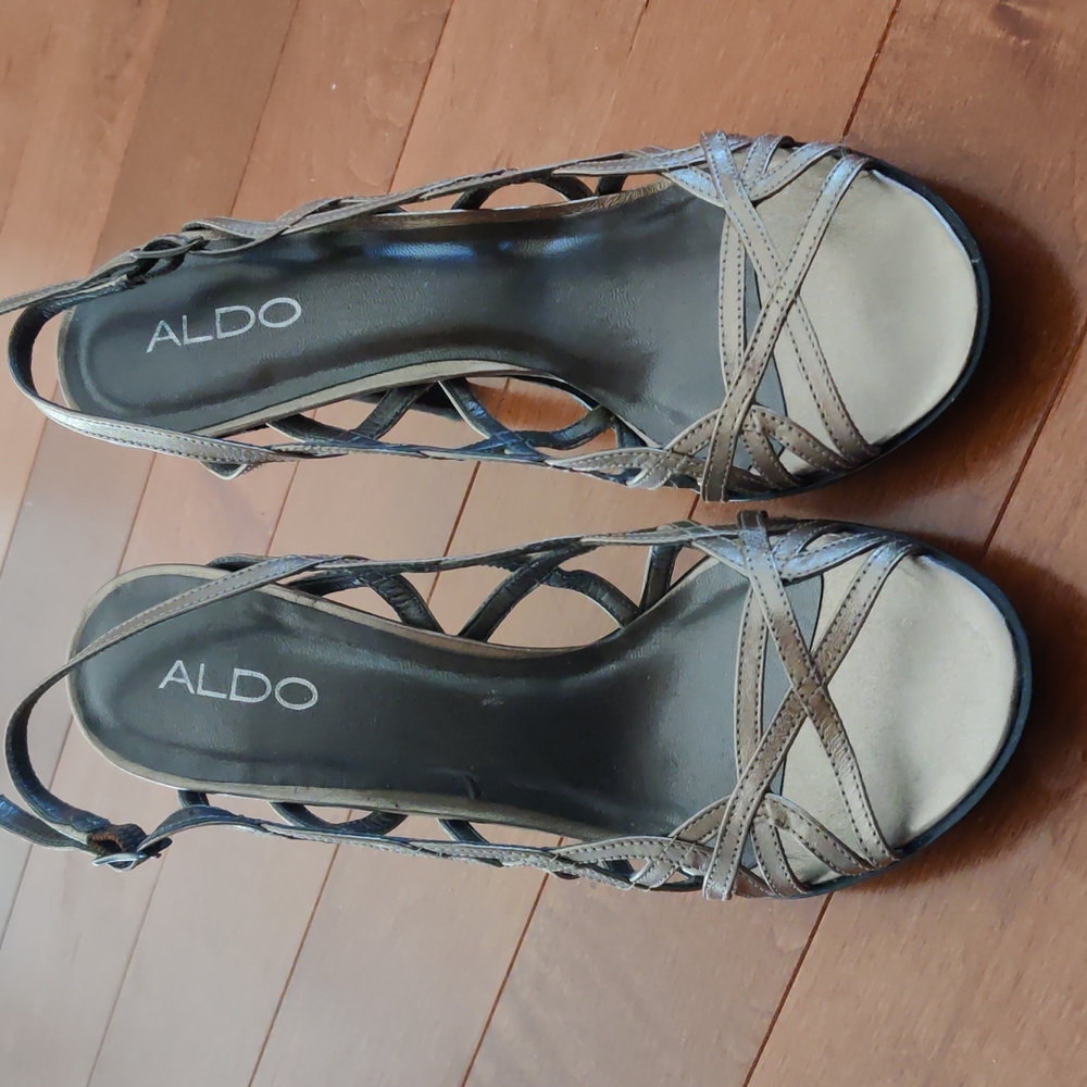 Aldo sling back metallic bronze sandal heel